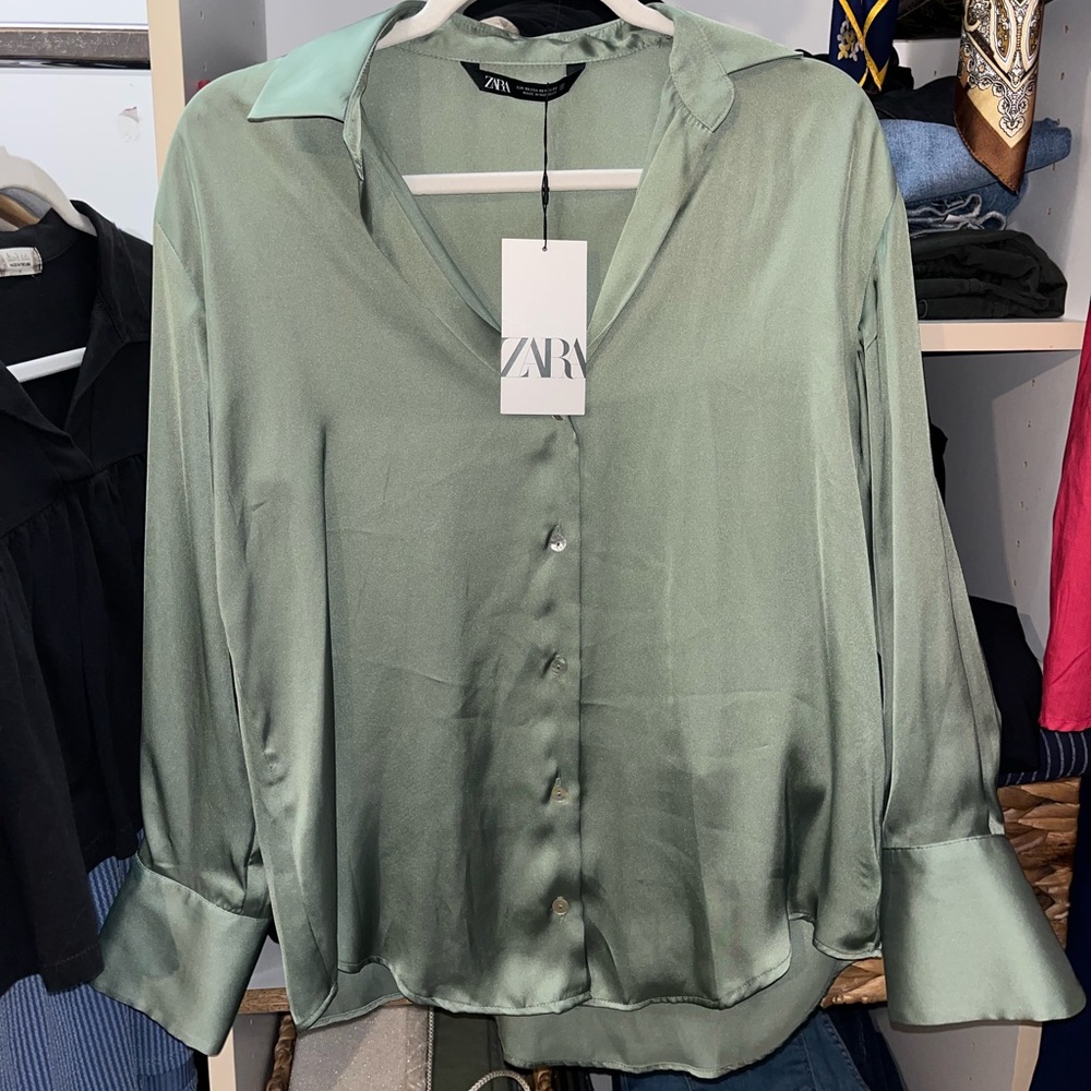 Zara Women's Sage Satin Blouse Long Sleeve